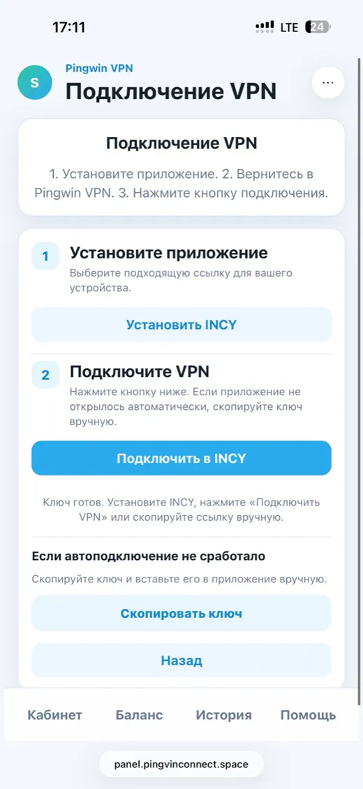 Кнопка подключения в INCY